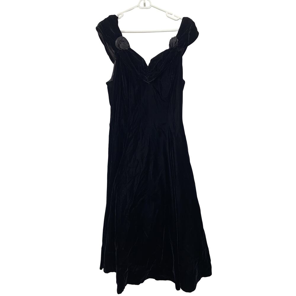 Karen Lucas Vintage Black Velvet Evening Dress with Rosette Details Size 14